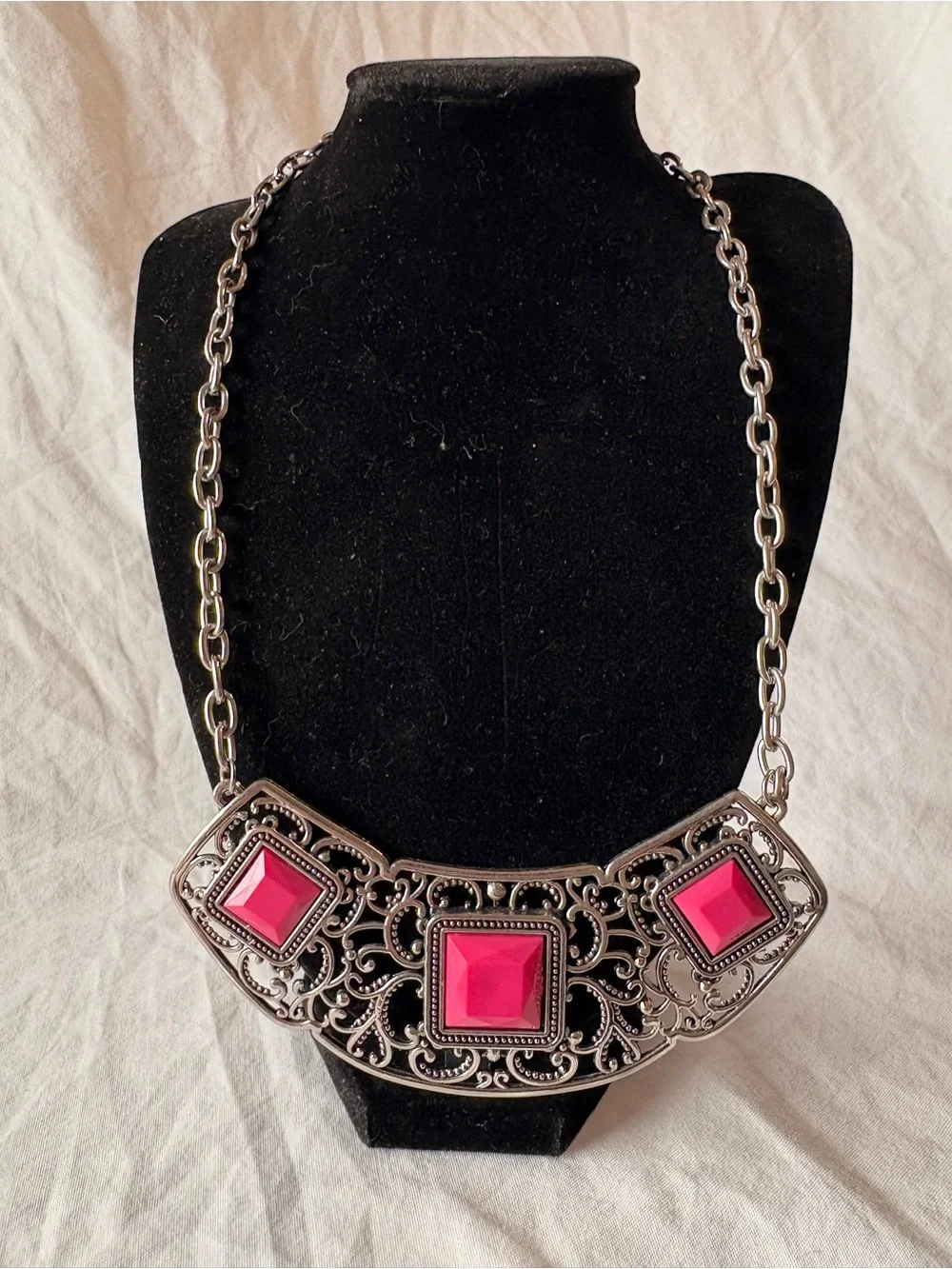 Bold Pink Stone Filigree Necklace - Unbranded